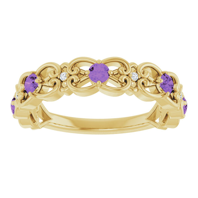 14K Gold Round Natural Amethyst Vintage-Inspired Scroll Ring - Yellow Gold - view 8