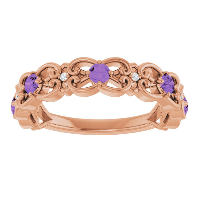 14K Gold Round Natural Amethyst Vintage-Inspired Scroll Ring - Rose Gold - view 8