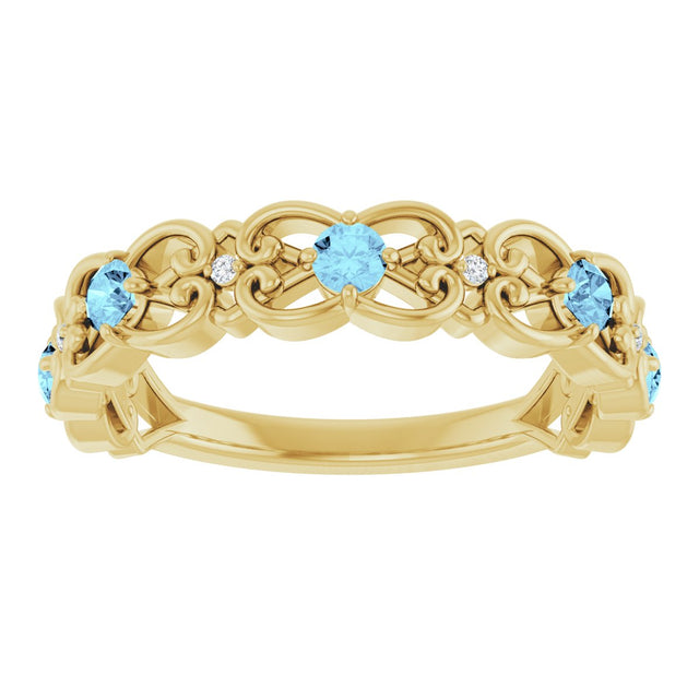 14K Gold Round Natural Aquamarine Vintage-Inspired Scroll Ring - Yellow Gold - view 8