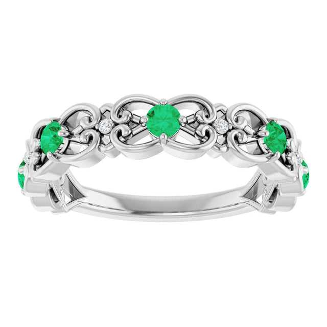 Platinum Round Natural Emerald Vintage-Inspired Scroll Ring - view 8