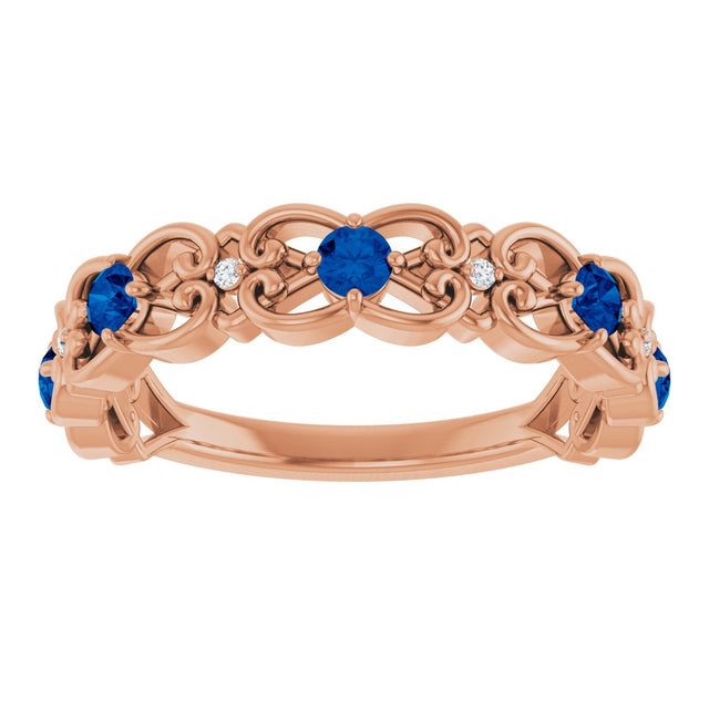 14K Gold Round Lab-Grown Blue Sapphire Vintage-Inspired Scroll Ring - Rose Gold - view 8