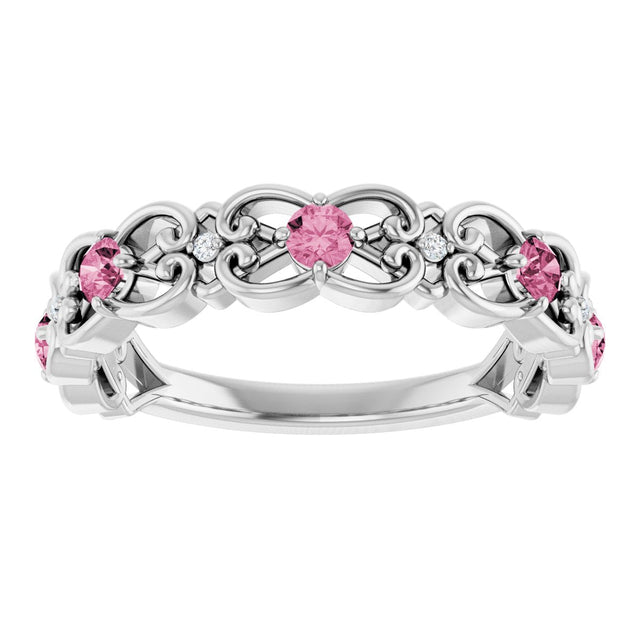 Platinum Round Natural Pink Tourmaline Vintage-Inspired Scroll Ring - view 8