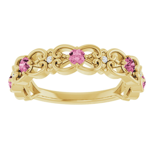14K Gold Round Natural Pink Tourmaline Vintage-Inspired Scroll Ring - Yellow Gold - view 8