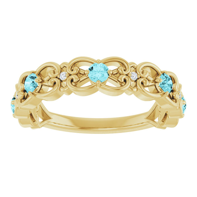 14K Gold Round Natural Blue Zircon Vintage-Inspired Scroll Ring - Yellow Gold - view 8