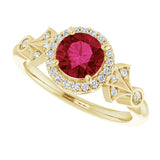 14K Gold Round Lab-Grown Ruby & Natural Diamond Halo-Style Ring – 6mm Stones - Yellow Gold - view 5