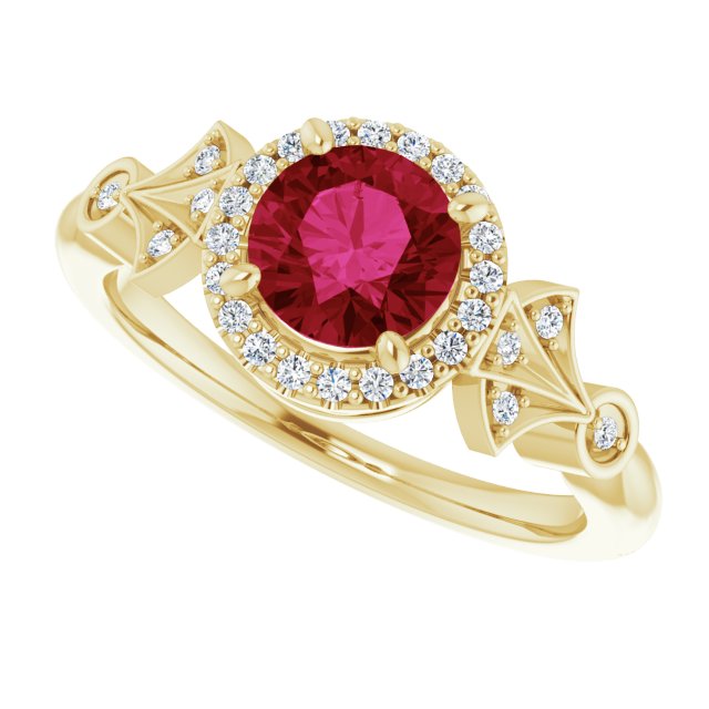 14K Gold Round Lab-Grown Ruby & Natural Diamond Halo-Style Ring – 6mm Stones - Yellow Gold - view 5