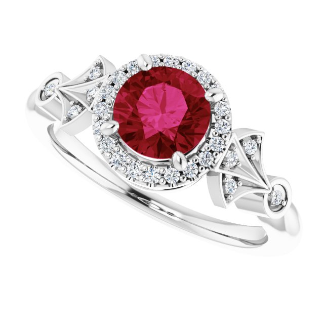 14K Gold Round Lab-Grown Ruby & Natural Diamond Halo-Style Ring – 6mm Stones - White Gold - view 5