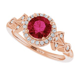 14K Gold Round Lab-Grown Ruby & Natural Diamond Halo-Style Ring – 6mm Stones - Rose Gold - view 5