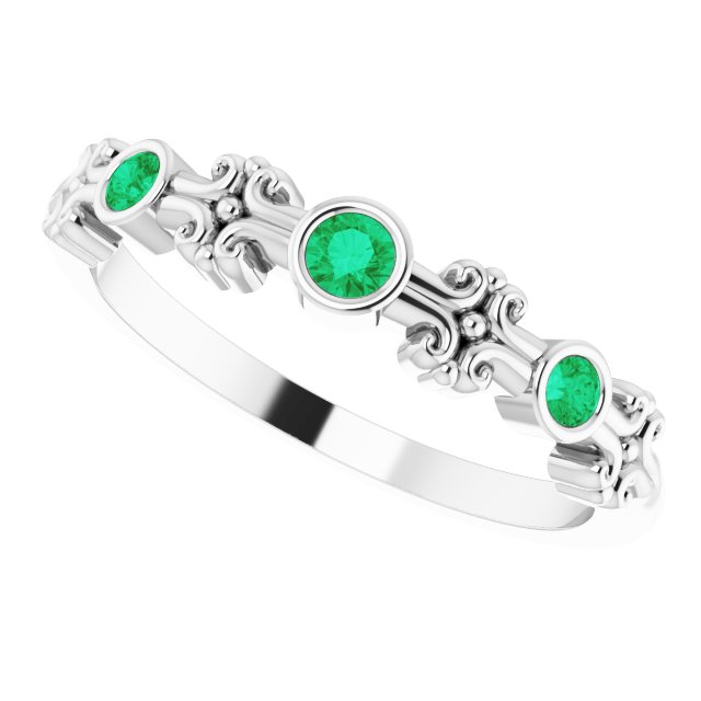 14K Gold Round Natural Emerald Bezel-Set Ring III - White Gold - view 10