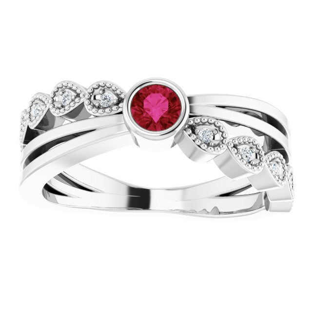 14K Gold Round Natural Ruby Criss-Cross Bezel-Set Ring - White Gold - view 8