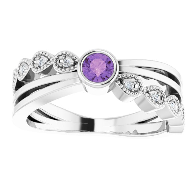 14K Gold Round Natural Amethyst Criss-Cross Bezel-Set Ring - White Gold - view 8
