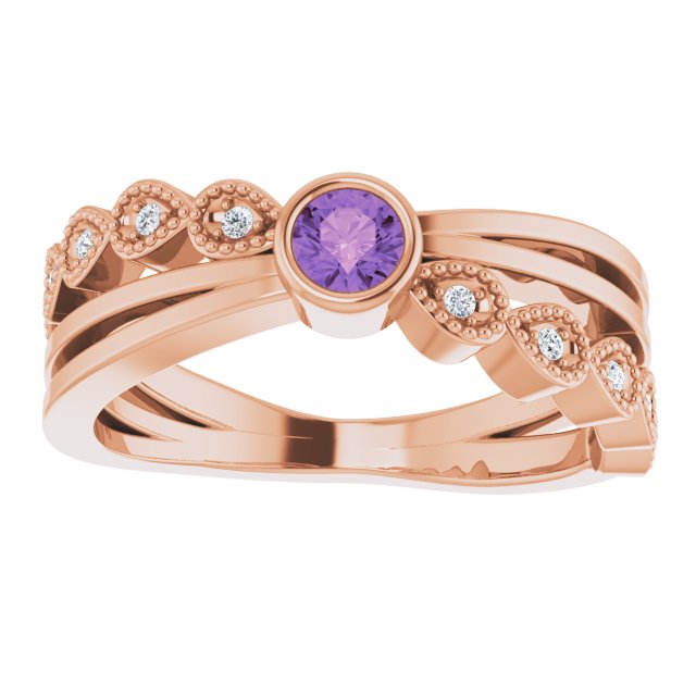 14K Gold Round Natural Amethyst Criss-Cross Bezel-Set Ring - Rose Gold - view 8