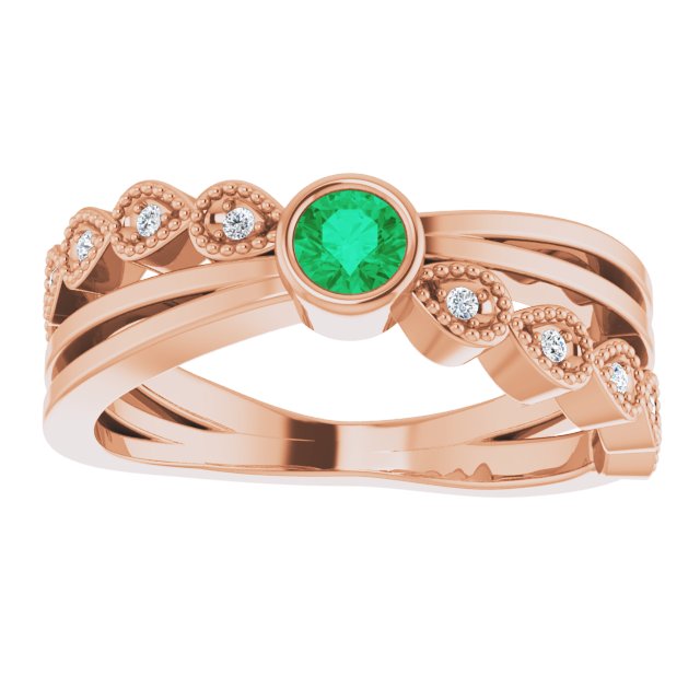 14K Gold Round Natural Emerald Criss-Cross Bezel-Set Ring - Rose Gold - view 8