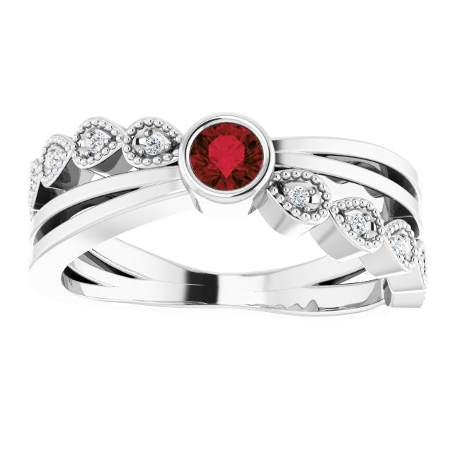 14K Gold Round Natural Mozambique Garnet Criss-Cross Bezel-Set Ring - White Gold - view 8