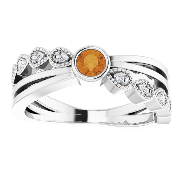 14K Gold Round Natural Citrine Criss-Cross Bezel-Set Ring - White Gold - view 8