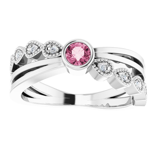 Platinum Round Natural Pink Tourmaline Criss-Cross Bezel-Set Ring - view 8