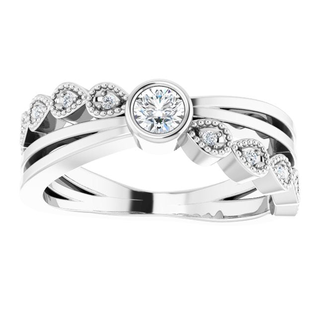 14K Gold Round Natural White Sapphire Criss-Cross Bezel-Set Ring - White Gold - view 8