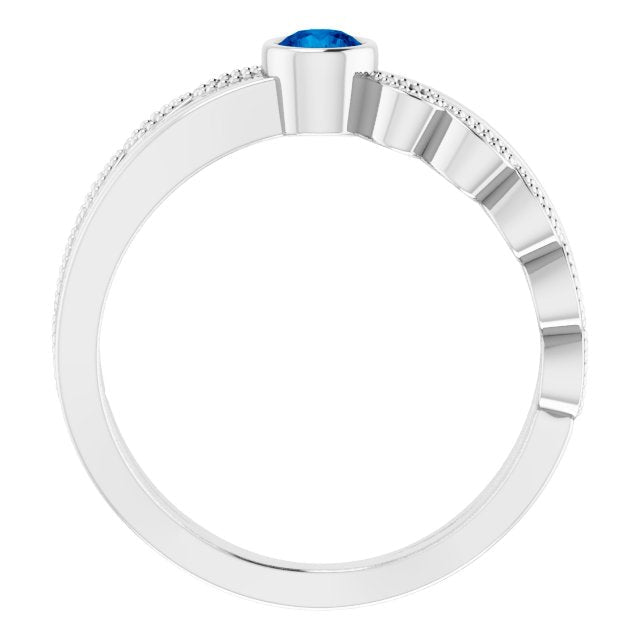 Platinum Round Natural Blue Sapphire Criss-Cross Bezel-Set Ring - view 7