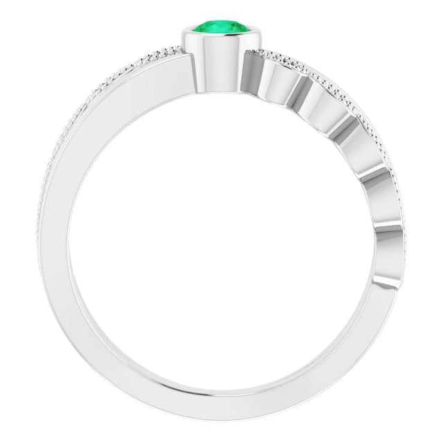 Platinum Round Natural Emerald Criss-Cross Bezel-Set Ring - view 7