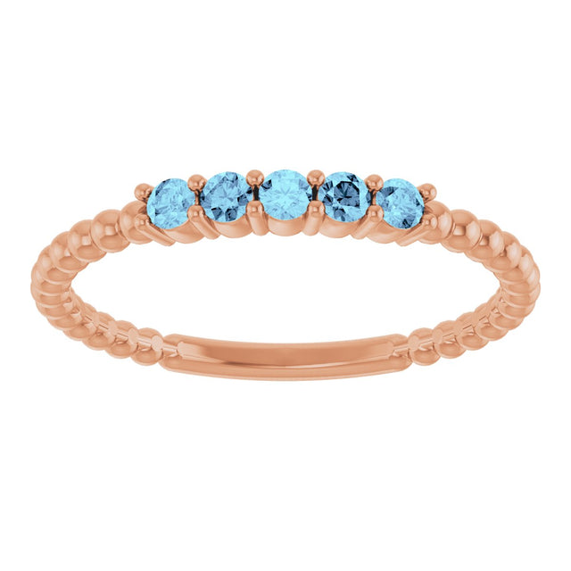 14K Gold Round Natural Aquamarine Stackable Ring – 2mm Stones - Rose Gold - view 13
