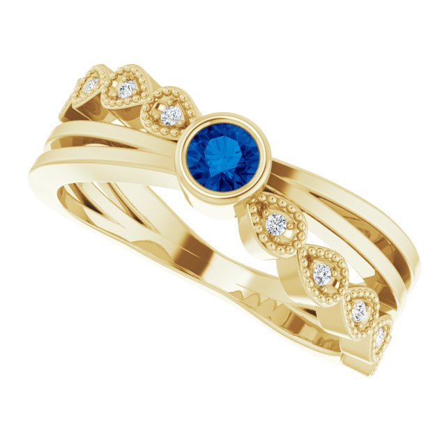 14K Gold Round Natural Blue Sapphire Criss-Cross Bezel-Set Ring - Yellow Gold - view 10