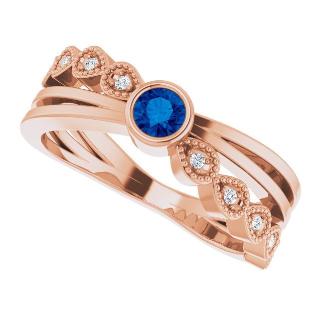 14K Gold Round Natural Blue Sapphire Criss-Cross Bezel-Set Ring - Rose Gold - view 10