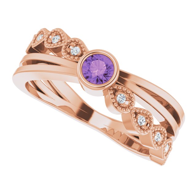 14K Gold Round Natural Amethyst Criss-Cross Bezel-Set Ring - Rose Gold - view 10