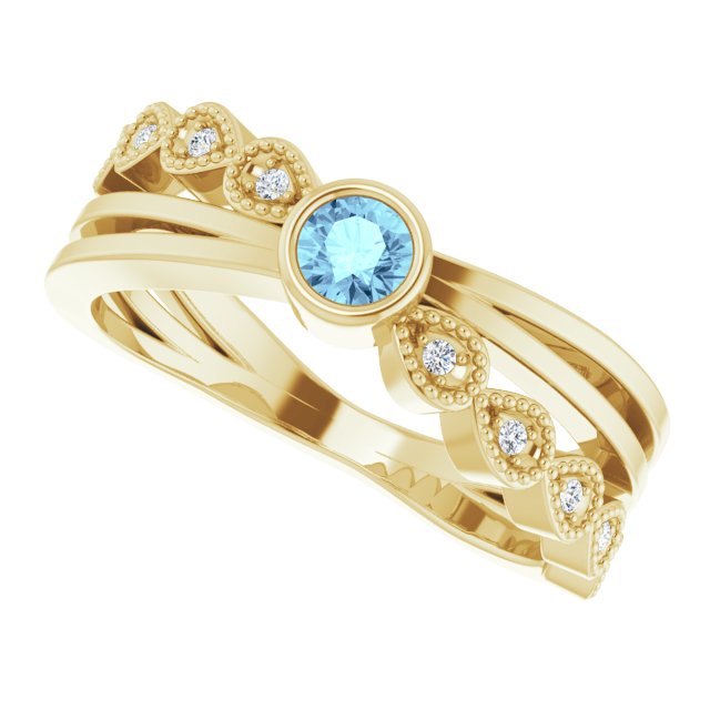 14K Gold Round Natural Aquamarine Criss-Cross Bezel-Set Ring - Yellow Gold - view 10