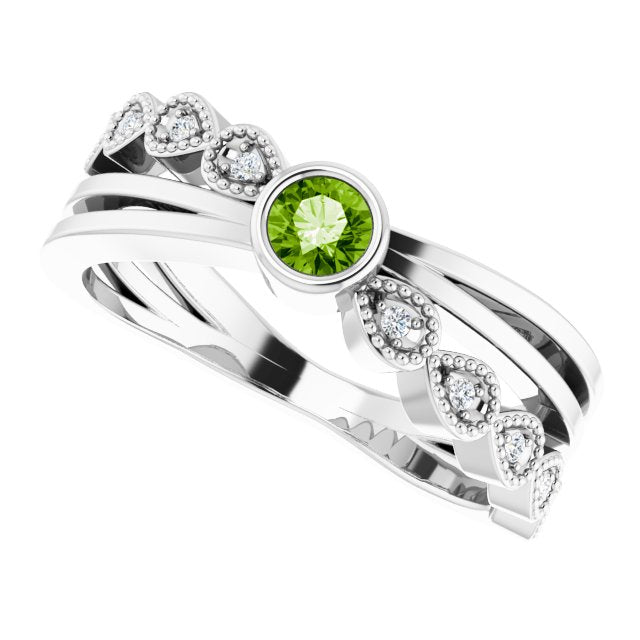 14K Gold Round Natural Peridot Criss-Cross Bezel-Set Ring - White Gold - view 10