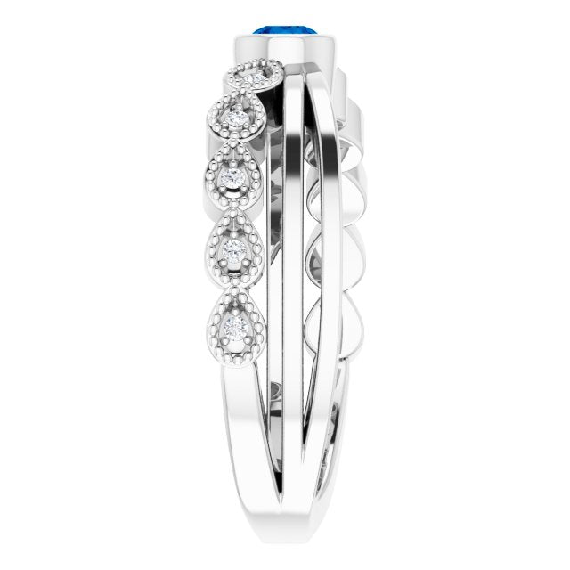 Platinum Round Natural Blue Sapphire Criss-Cross Bezel-Set Ring - view 9