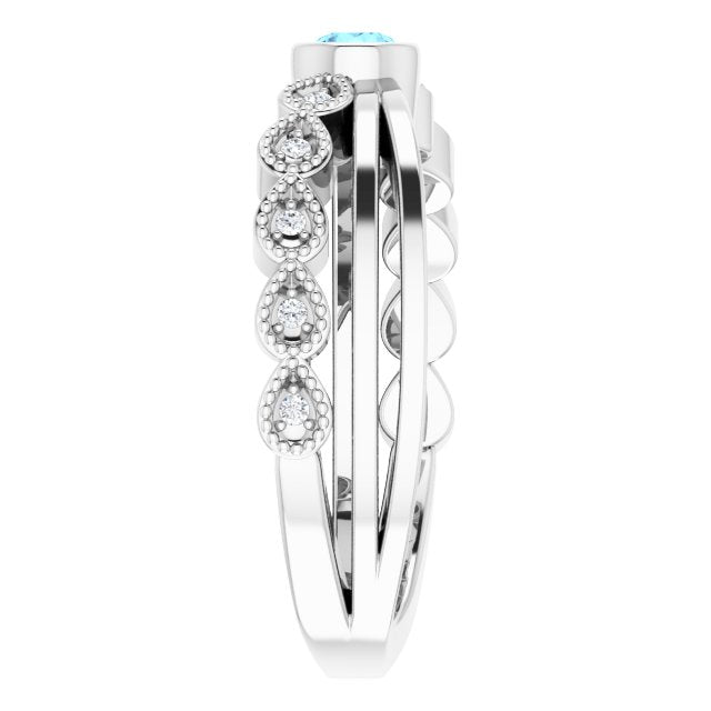 14K Gold Round Natural Aquamarine Criss-Cross Bezel-Set Ring - White Gold - view 9