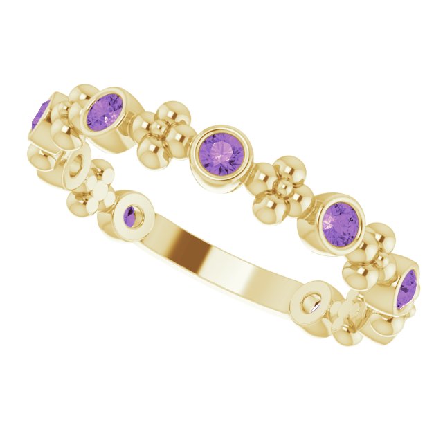 14K Gold Round Natural Amethyst Beaded Ring – 2mm Stones - Yellow Gold - view 10