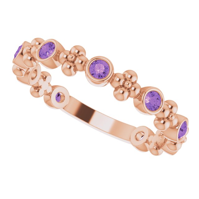 14K Gold Round Natural Amethyst Beaded Ring – 2mm Stones - Rose Gold - view 10