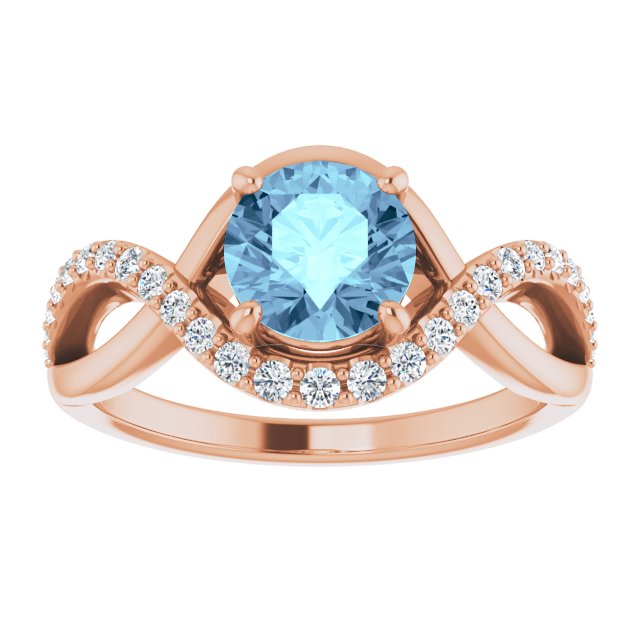 14K Gold Round Natural Aquamarine & Natural Diamond Accented Ring - Rose Gold - view 3