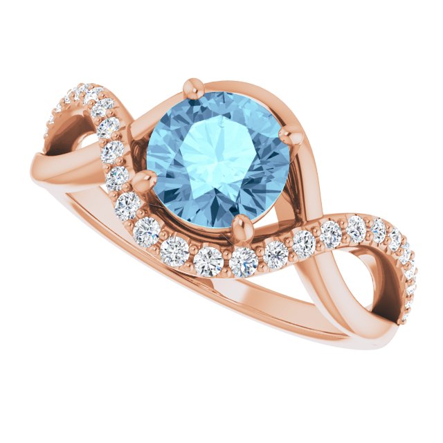 14K Gold Round Natural Aquamarine & Natural Diamond Accented Ring - Rose Gold - view 5