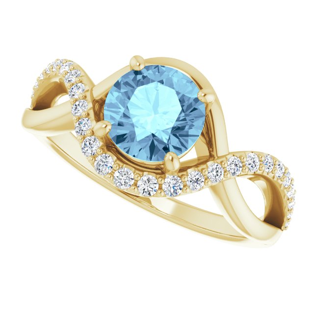 14K Gold Round Natural Aquamarine & Natural Diamond Accented Ring - Yellow Gold - view 5