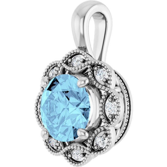 14K Gold Round Natural Aquamarine & Natural Diamond Halo-Style Pendant - view 2