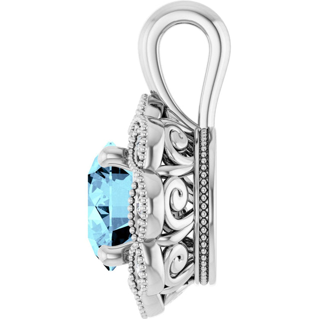 14K Gold Round Natural Aquamarine & Natural Diamond Halo-Style Pendant - view 3