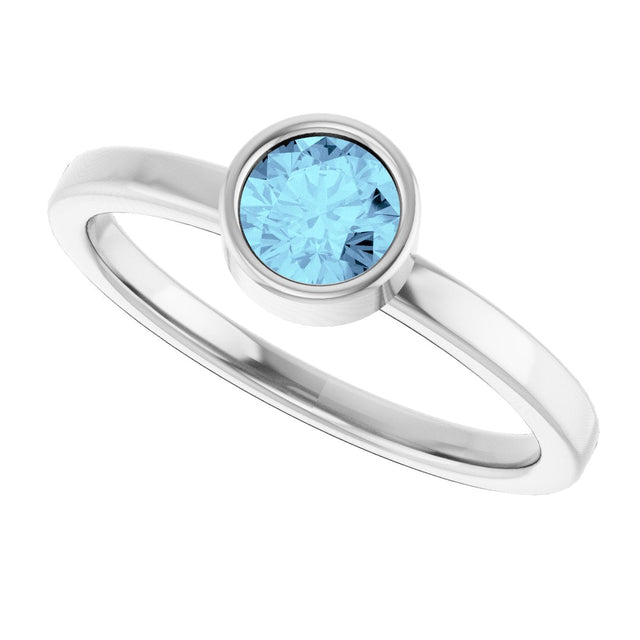 14K Gold Round Natural Aquamarine Bezel-Set Solitaire Ring - White Gold - view 10