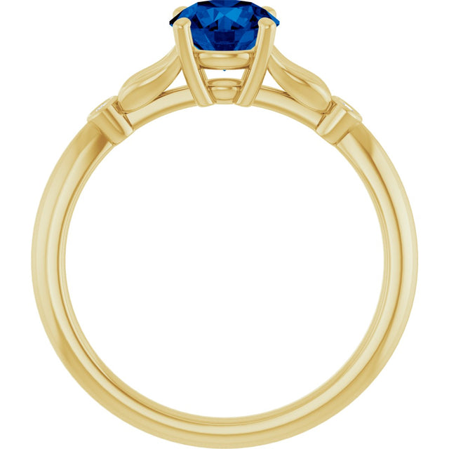 14K Gold Round Lab-Grown Blue Sapphire & Natural Diamond Accented Ring - Yellow Gold - view 2