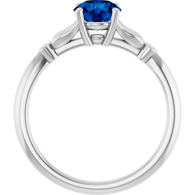14K Gold Round Lab-Grown Blue Sapphire & Natural Diamond Accented Ring - White Gold - view 2