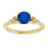 14K Gold Round Lab-Grown Blue Sapphire & Natural Diamond Accented Ring - Yellow Gold - view 3