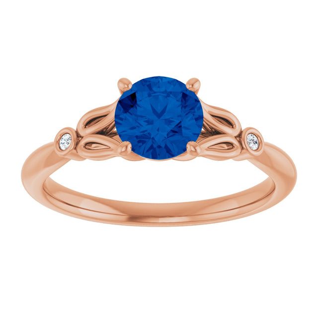 14K Gold Round Lab-Grown Blue Sapphire & Natural Diamond Accented Ring - Rose Gold - view 3
