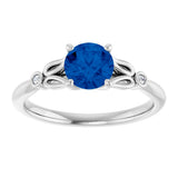 14K Gold Round Lab-Grown Blue Sapphire & Natural Diamond Accented Ring - White Gold - view 3