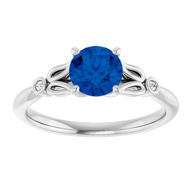 14K Gold Round Lab-Grown Blue Sapphire & Natural Diamond Accented Ring - White Gold - view 3