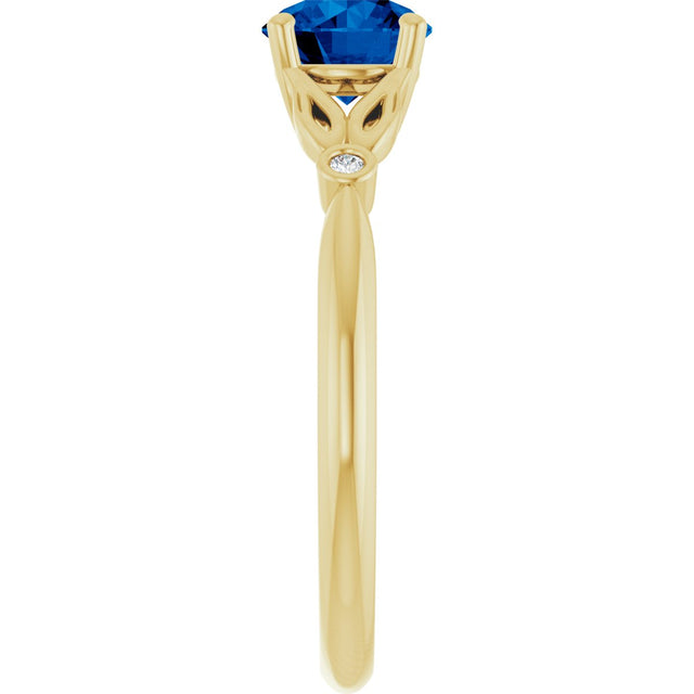 14K Gold Round Lab-Grown Blue Sapphire & Natural Diamond Accented Ring - Yellow Gold - view 4