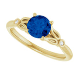 14K Gold Round Lab-Grown Blue Sapphire & Natural Diamond Accented Ring - Yellow Gold - view 5