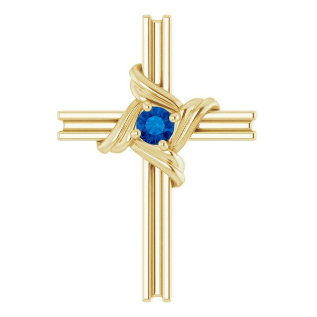 14K Gold Round Natural Blue Sapphire Accented Cross Pendant III - Yellow Gold