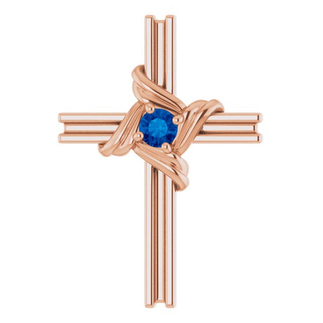 14K Gold Round Natural Blue Sapphire Accented Cross Pendant III - Rose Gold
