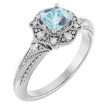 14K Gold Cushion Natural Sky Blue Topaz & Natural Diamond Vintage-Inspired Accented Ring